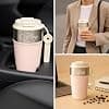 CadoZeal Travel Coffee Mug Insulated Tumbler, Vacuum SUS316 Thermal Cup With 2-in-1 Straw & Sip Lid & Leather Handle, Leakproof Reusable Bottle for Hot & Cold Drinks, 500ml, BPA Free