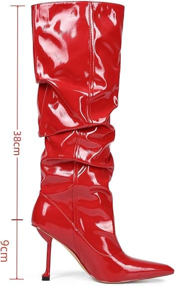 Saint Leia Women's Slip On Pointed Toe High Heel Party Stylish Pleated Patent Leather Knee High Boots(US 8,Red)