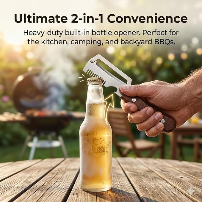 2 Pack Multi-Functional Vegetable Peeler with Ultra-Sharp Stainless Steel Blade, Ergonomic Wooden Handle, Built-in Bottle Opener, Ideal for Fruits, Potatoes, Carrots & More - Essential Gift Set