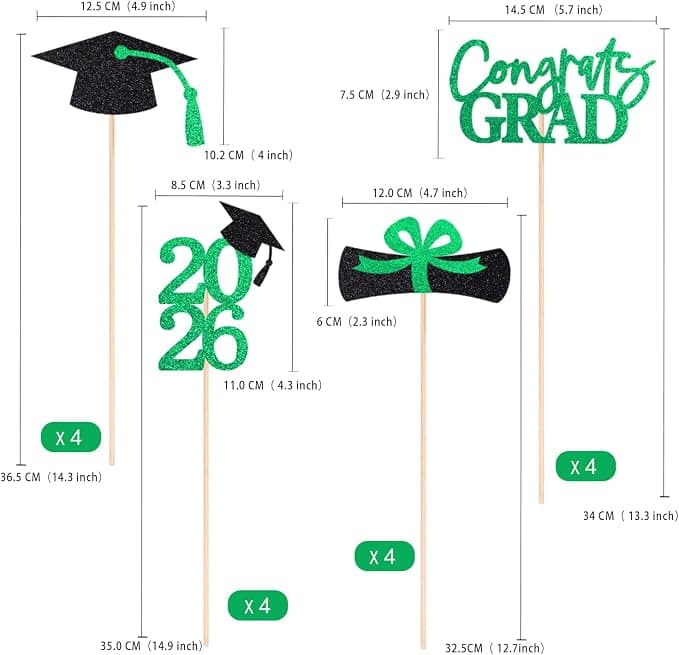 Gexolenu 16 PCS Green and Black Double-Sided 2026 Graduation Centerpieces for Tables, 2026 Table Toppers Party Centerpiece Sticks Party Supplies, Graduation Party Decorations Class of 2026, Set of 4