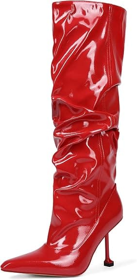 Saint Leia Women's Slip On Pointed Toe High Heel Party Stylish Pleated Patent Leather Knee High Boots(US 8,Red)