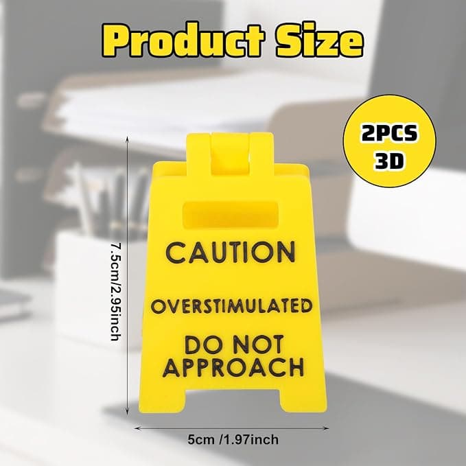 Funny Prank Gift Mini Caution Overstimulated Desk Sign for Coworkers Teammates Employees Boss (2PCS)