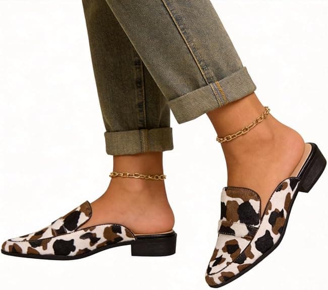 VOLEECE Suede Mules for Women Square Toe Slip On Loafers Flats Low Heel Backless Slide Shoes for Casual Fashion Party Work (Cow Print,8.5)