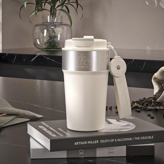 CadoZeal Travel Coffee Mug Insulated Tumbler, Vacuum SUS316 Thermal Cup With 2-in-1 Straw & Sip Lid & Leather Handle, Leakproof Reusable Bottle for Hot & Cold Drinks, 500ml, BPA Free