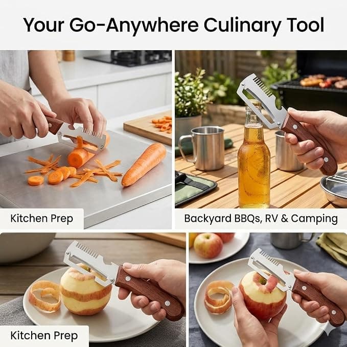 2 Pack Multi-Functional Vegetable Peeler with Ultra-Sharp Stainless Steel Blade, Ergonomic Wooden Handle, Built-in Bottle Opener, Ideal for Fruits, Potatoes, Carrots & More - Essential Gift Set
