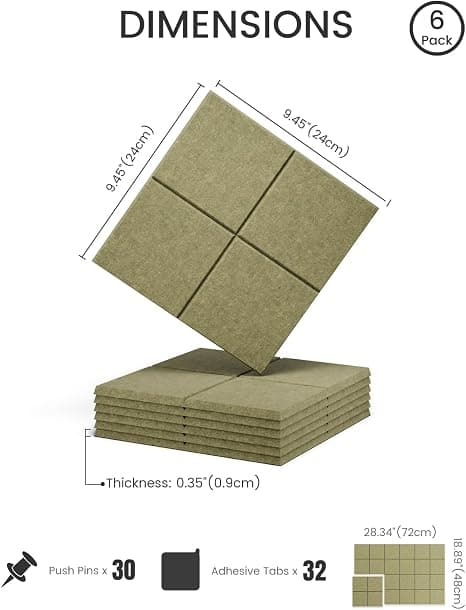 Felt Bulletin Board Tiles -28"x18" Cork Board Alternative for Office Decor, Push Pin Board Wall Organizer 6-Pack - Sage