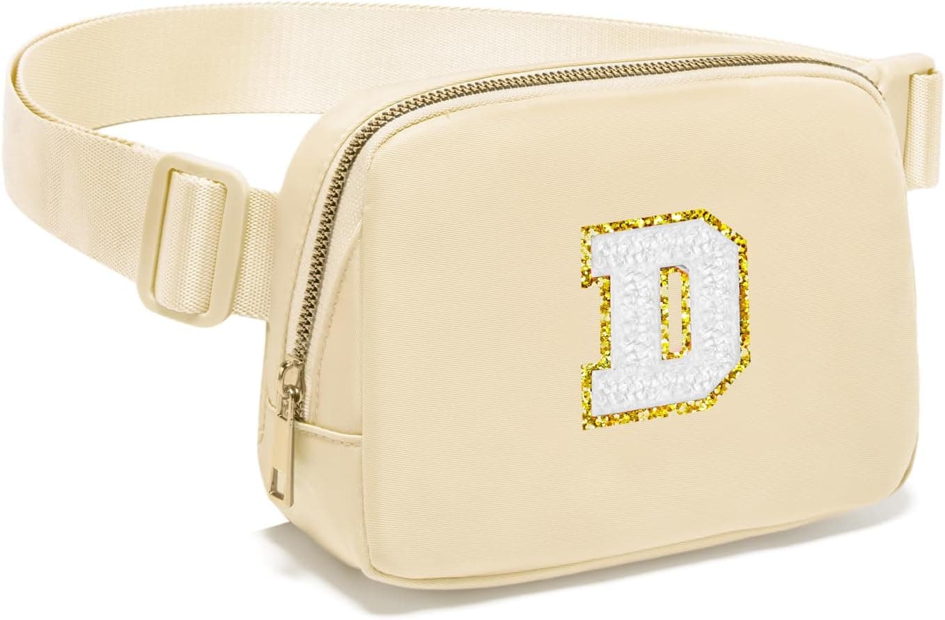 Gitus Birthday Gifts for 8 9 10 11 12 13 Year Old Girls Personalized Fanny Pack Crossbody Bags with Initial Letter Patch Belt Bag for Teen Girls Cute Trendy Stuff Travel Essentials (Beige-D)