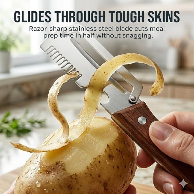 2 Pack Multi-Functional Vegetable Peeler with Ultra-Sharp Stainless Steel Blade, Ergonomic Wooden Handle, Built-in Bottle Opener, Ideal for Fruits, Potatoes, Carrots & More - Essential Gift Set