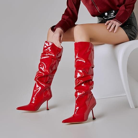 Saint Leia Women's Slip On Pointed Toe High Heel Party Stylish Pleated Patent Leather Knee High Boots(US 8,Red)
