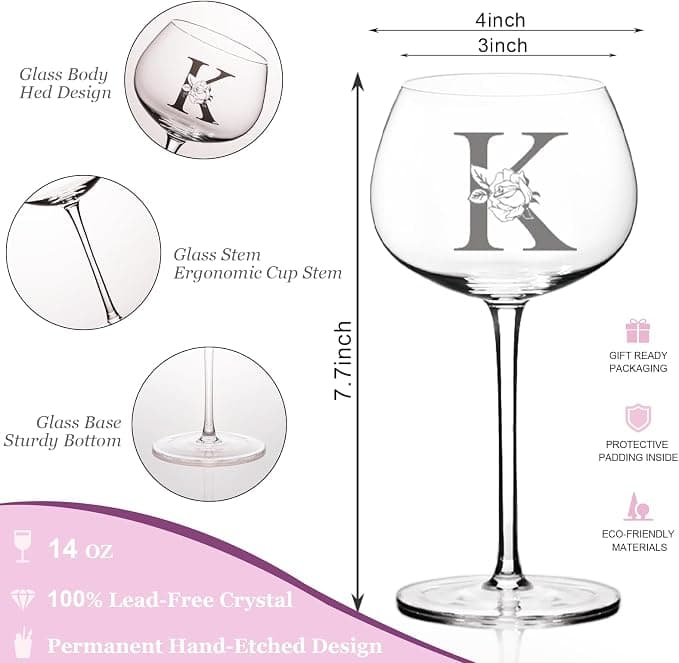 L＆J Home Personalized Wine Glasses Gifts for Women,Monogrammed Customized A-Z Initial Wine Gift,Birthday,Christmas,Valentines Day,Mothers Day gifts for Women,Mom,Wife,Best Friend,Sister (Letter K)