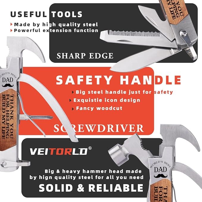 VEITORLD Gifts for Men Dad from Daughter Son Kids, Fathers Day, Unique Birthday Gift Ideas for Men Papa, All in One Tools Hammer Multitool with Engraved Wooden Box, Cool Gadgets(Dad Build My Life)