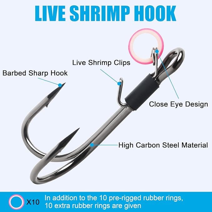 Double Fishing Hooks, Live Shrimp Bait Holder, Saltwater Freshwater Fishing Lures (Extra Small Hook 1/0 10pcs)