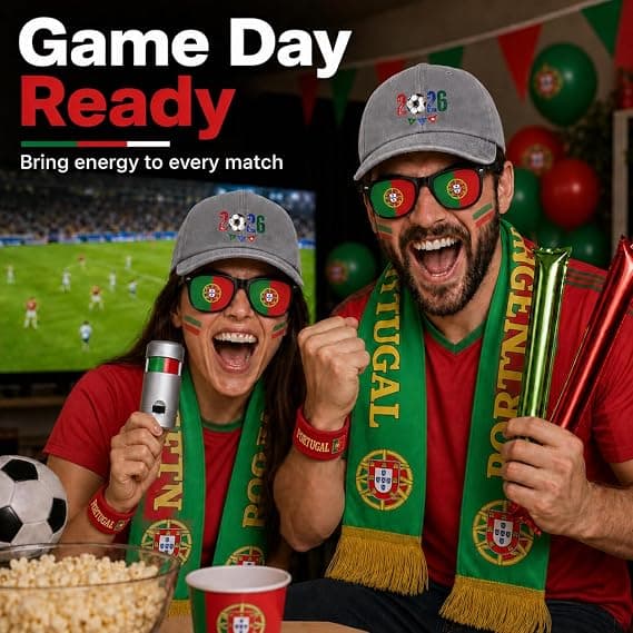 Portugal Soccer Fan Gear Set, 7 Pcs 2026 Game Day Accessories with Hat, Scarf, Flag Sunglasses, Wristband, Flag Face Paint & Cheer Sticks, Soccer Party Supplies for Watch Parties