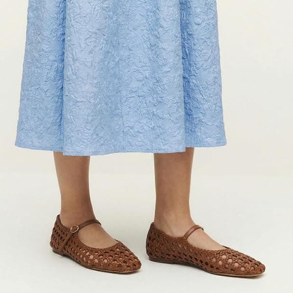 Molozoey Woven Mesh Ballet Flats for Women with Metal Buckle Strap Ballerina Flat Shoes Comfortable Round Toe Mary Jane Flat Brown.