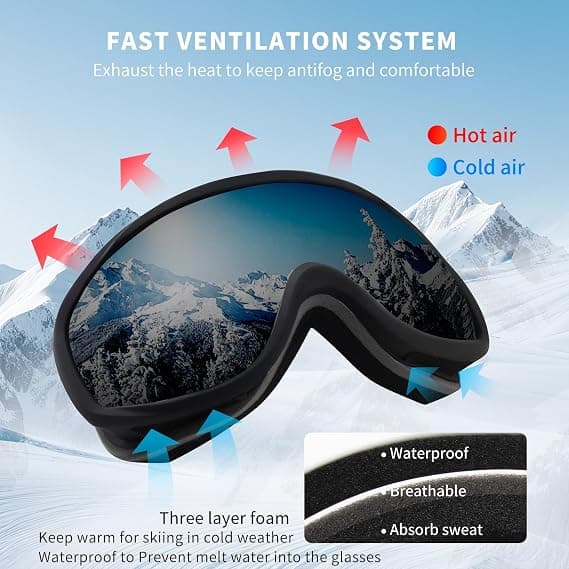 suoso OTG Ski Goggles for Men and Women, UV400 Protection Anti Fog Snowboard Goggles for Youth Adult Helmet Compatible