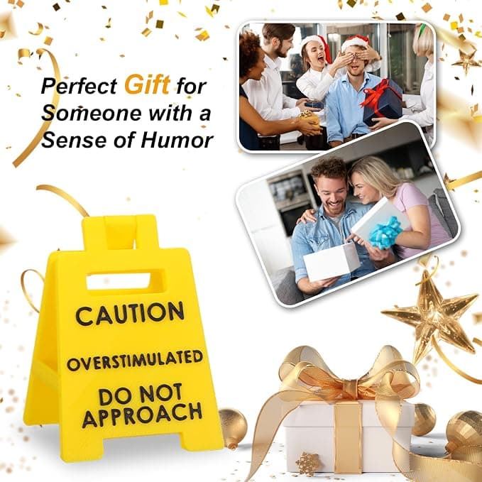 Funny Prank Gift Mini Caution Overstimulated Desk Sign for Coworkers Teammates Employees Boss (2PCS)