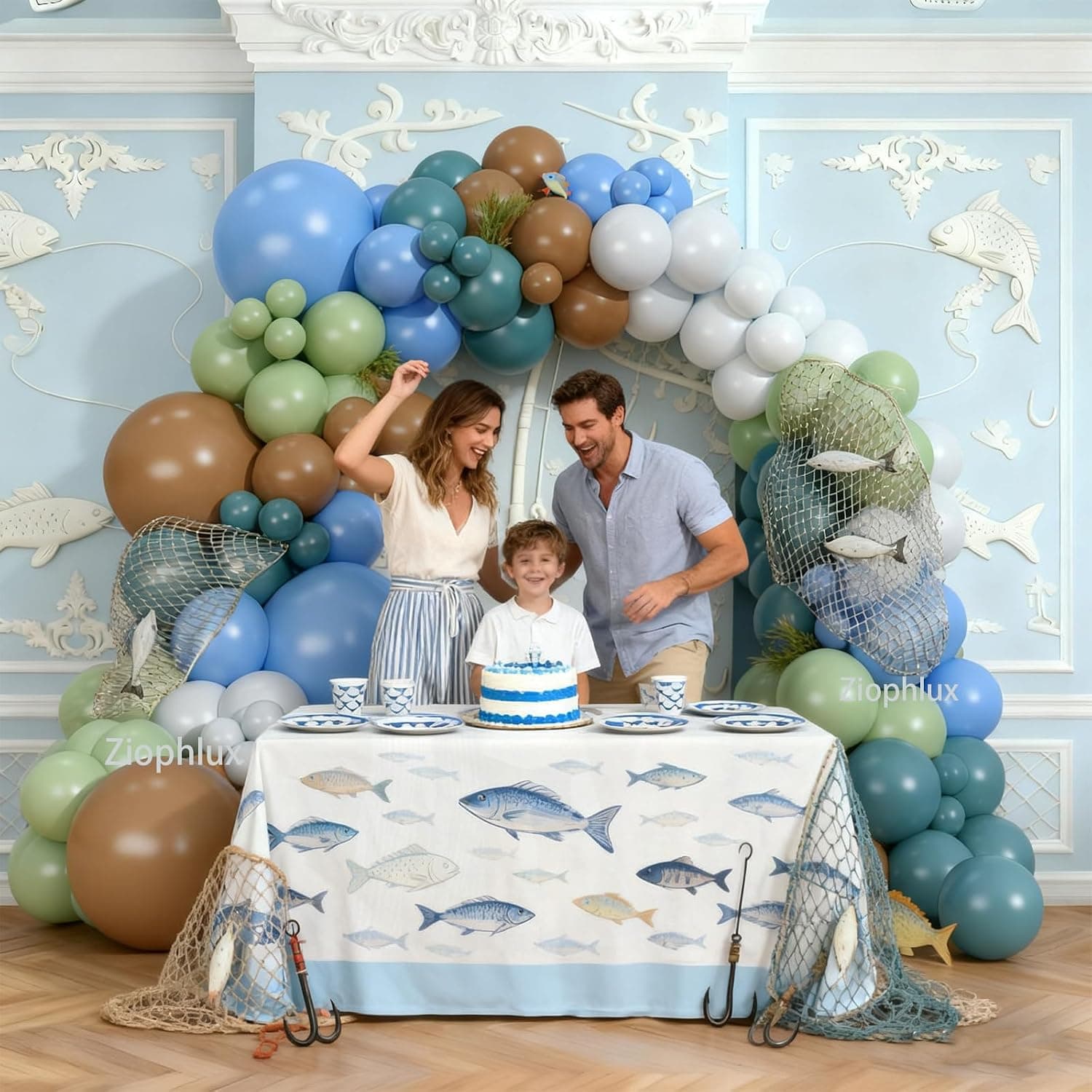 Ziophlux Gone Fishing Balloon Garland Arch Kit, 151pcs Fishing Themed Party Decorations for Birthday, Baby Shower, Father's Day, Under the Sea, with Light Blue Brown, Blue and Sage Green Balloons
