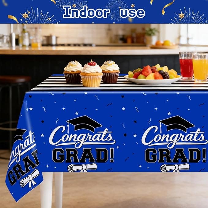 multiwins 7-Pack Graduation Party Decorations Set, 3 Blue Graduation Tablecloths 54x108in, 2026 and Grad Balloons, 2 Foil Fringe Curtains for High School College Graduation Party Photo Booth