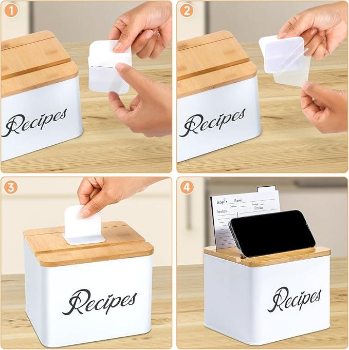BooGoose. White Stainless Steel Recipe Box - Bamboo Lid With Phone Holder, Phone Stand and Recipe Card Holder - Includes Set of 50 3.9"x5.9" Recipe Cards and 12 Recipe Card Dividers
