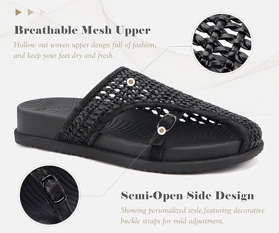 COFACE Womens Orthotic Sandals with Plantar Fasciitis Arch Support Summer Travel Fashion Flats Sandles Beach Essentials Comfort Thick Cushion Dressy Slides Breathable Woven Mesh Mules, Black Size 10