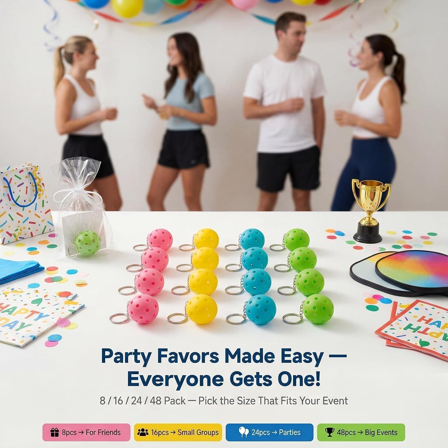 Pickleball Keychain Set 8/16/24/48 Pack - Fun Unique Gifts for Women Men & Lovers - Bulk Team Accessories Party Favors