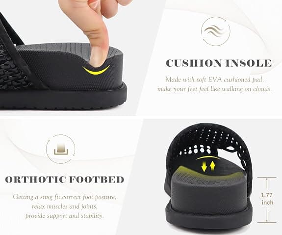 COFACE Womens Orthotic Sandals with Plantar Fasciitis Arch Support Summer Travel Fashion Flats Sandles Beach Essentials Comfort Thick Cushion Dressy Slides Breathable Woven Mesh Mules, Black Size 10