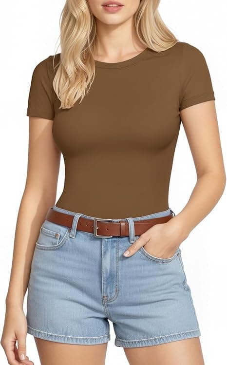 SHEIUGU Women's Crew Neck Short Sleeve Slim Fit T Shirts tops Basic Bodysuit Leotard Clothing(Short Sleeve Mocha-A,Small)