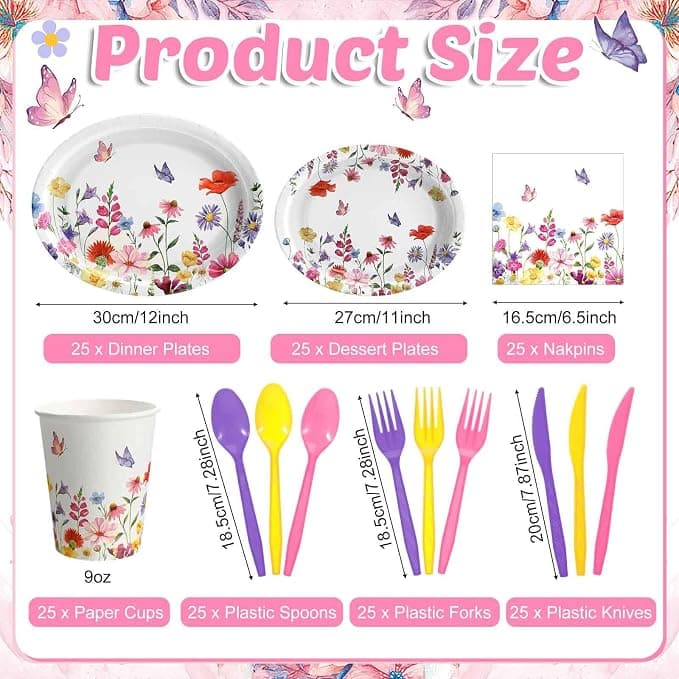 Singhoow 175 Pieces Flower Party Supplies Floral Party Tableware Set for 25 Guests Include Oval Dinner Plates Dessert Plates Napkins Paper Cups Plastic Forks Spoons Knives