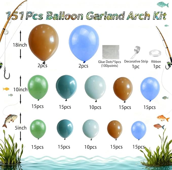 Ziophlux Gone Fishing Balloon Garland Arch Kit, 151pcs Fishing Themed Party Decorations for Birthday, Baby Shower, Father's Day, Under the Sea, with Light Blue Brown, Blue and Sage Green Balloons