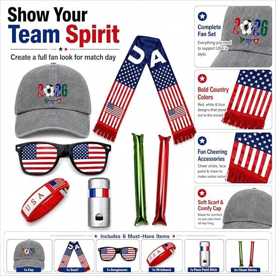 USA Soccer Fan Gear Set, 7 Pcs 2026 Game Day Accessories with Hat, Scarf, Flag Sunglasses, Wristband, Flag Face Paint & Cheer Sticks, Soccer Party Supplies for Watch Parties