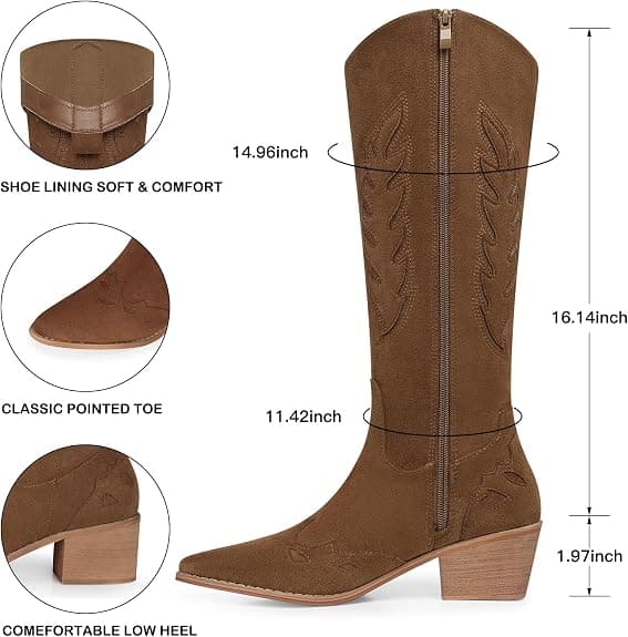 SHIBEVER Suede Knee High Cowboy Boots for Women Comfortable Tall Cowgirl Boots Zipper Low Heel Fall Winter Western Booties