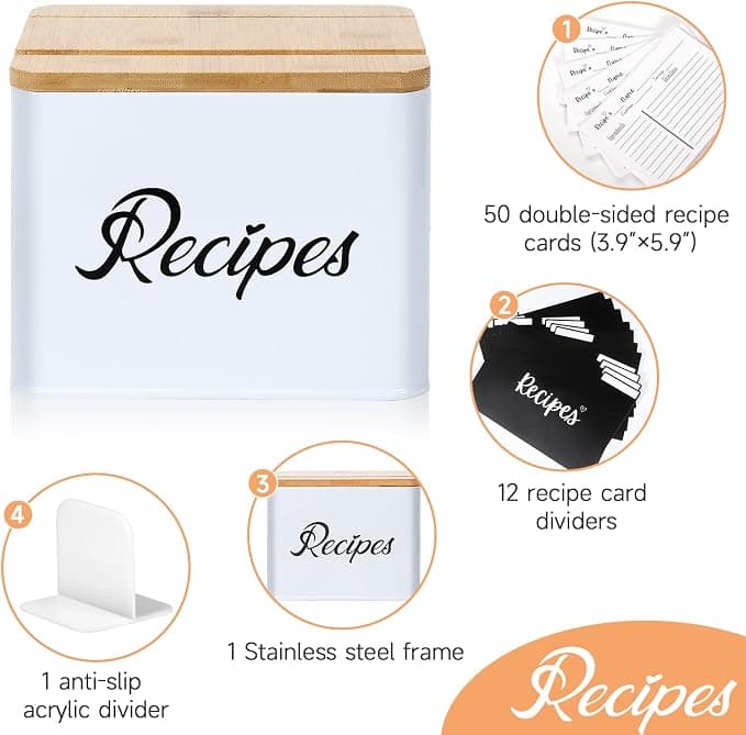 BooGoose. White Stainless Steel Recipe Box - Bamboo Lid With Phone Holder, Phone Stand and Recipe Card Holder - Includes Set of 50 3.9"x5.9" Recipe Cards and 12 Recipe Card Dividers