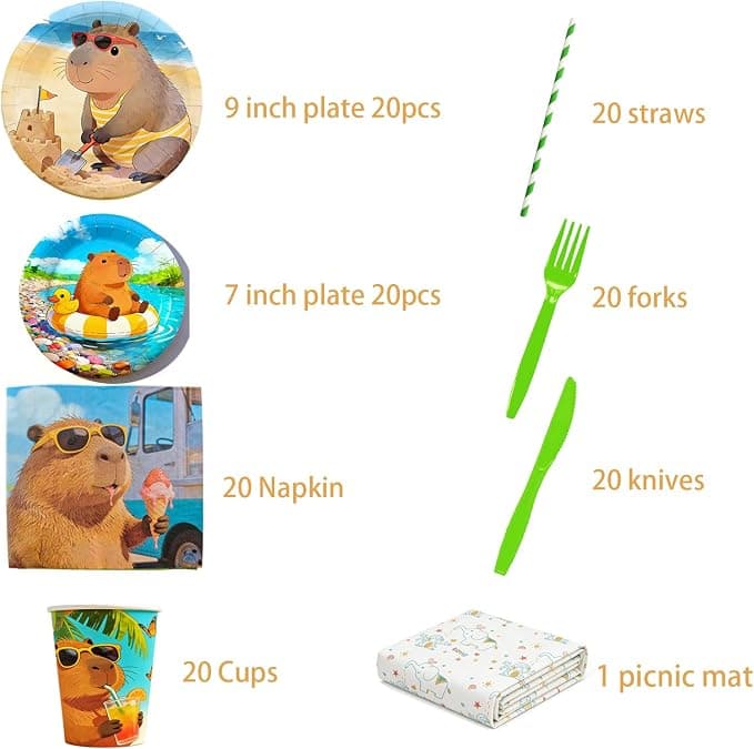 QPGJPD 141Pcs Capybara Paper Plates Capy Party Supplies Summer Party Decorations Cute Animals Tableware Set