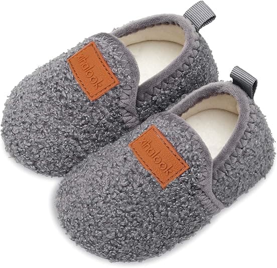 XIHALOOK Toddler Boys Girls Cozy Fleece Slippers with Non Skid Sole Bottom Warm Winter Socks Shoes Grey Lattice, 6.5-7.5 Toddler