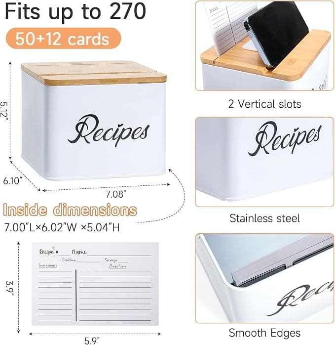 BooGoose. White Stainless Steel Recipe Box - Bamboo Lid With Phone Holder, Phone Stand and Recipe Card Holder - Includes Set of 50 3.9"x5.9" Recipe Cards and 12 Recipe Card Dividers