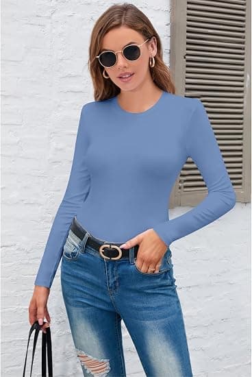 SHEIUGU Women's Short Sleeve Round Neck T Shirts Ribbed Bodysuits Tops Soft Body Suits Women Clothing(Short Sleeve Light Haze Blue,XX-Large)