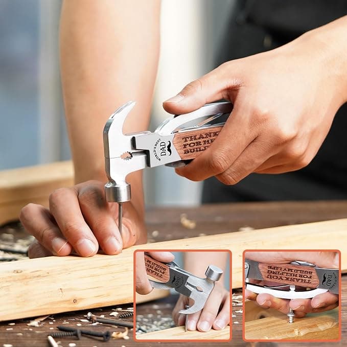 VEITORLD Gifts for Men Dad from Daughter Son Kids, Fathers Day, Unique Birthday Gift Ideas for Men Papa, All in One Tools Hammer Multitool with Engraved Wooden Box, Cool Gadgets(Dad Build My Life)