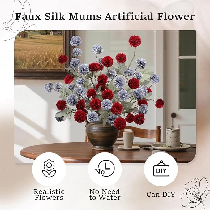 INQCMY Fake Fall Mums Artificial Kiku Blue Haze Red Flowers 20" Long Stem