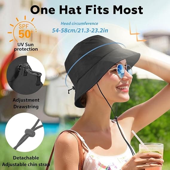 Sukeen Women's Lightweight Adjustable Bucket Hat for Summer Outdoor Use,Breathable & Soft Sun Hat UV Protection and Quick-Dry Black