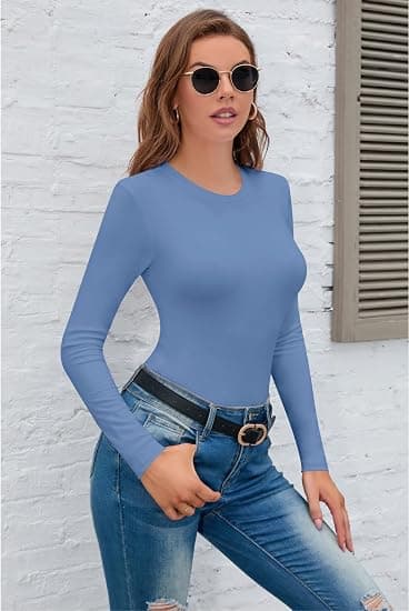 SHEIUGU Women's Short Sleeve Round Neck T Shirts Ribbed Bodysuits Tops Soft Body Suits Women Clothing(Short Sleeve Light Haze Blue,XX-Large)