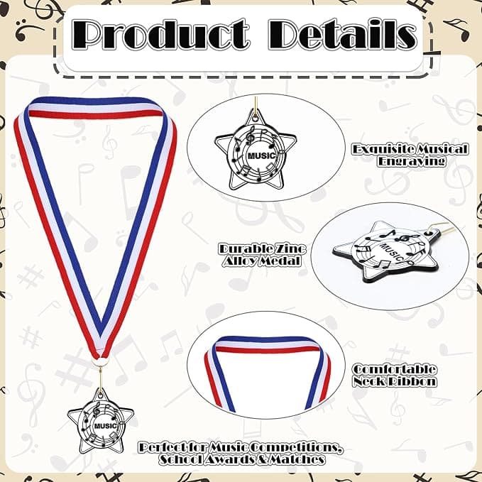Tondiamo 24/48 Pcs Award Medals Bulk Sports Medals with Neck Ribbons 2 Inches Winner Award Prize Gift for Sports Themed Party Favors Team Tournaments School Match(24 Pcs,Music Medal)
