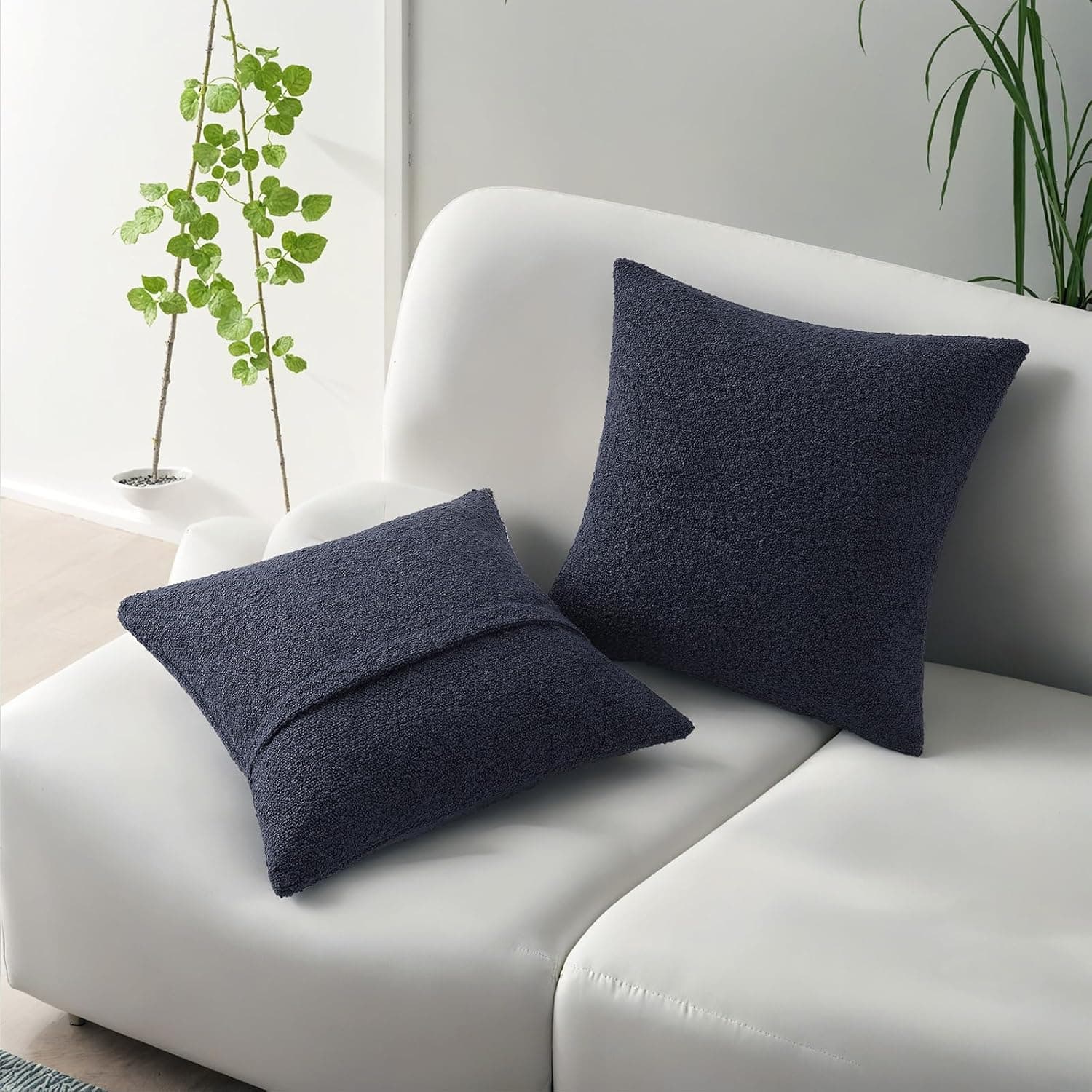 HAUSSY Pack of 2 Pillow Covers 18x18 Inch, Boucle Decorative Throw Pillows Soft Boho Neutral Cushion Covers Home Decor Modern Pillow Cases for Couch Living Room Sofa Bed, Navy Blue (Covers Only)