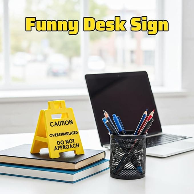 Funny Prank Gift Mini Caution Overstimulated Desk Sign for Coworkers Teammates Employees Boss (2PCS)