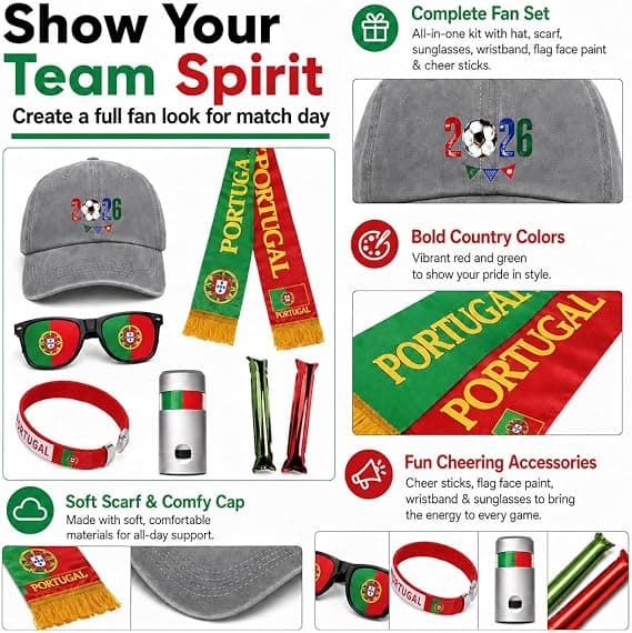 Portugal Soccer Fan Gear Set, 7 Pcs 2026 Game Day Accessories with Hat, Scarf, Flag Sunglasses, Wristband, Flag Face Paint & Cheer Sticks, Soccer Party Supplies for Watch Parties