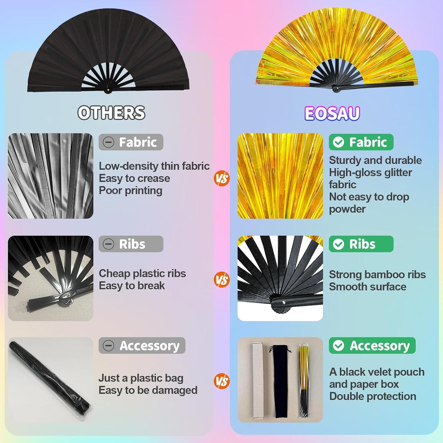 Maitys Large Rave Fan Folding Handheld Fans 13'' Clap Fans for Line Dancing Clack Fan Holographic Festival Accessory for Martial Art Gift Performance, Includes 2 Pouch(Laser Gold,2 Packs)