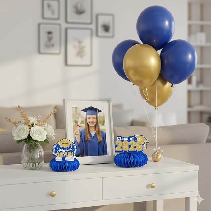 9Pcs Graduation Decorations Class of 2026 - Blue and Gold Congrats Grad Honeycomb Centerpieces, Graduation Table Toppers for 2026 College High School Graduation Party Supplies Decorations