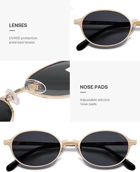SOJOS Small Retro Oval Polarized Sunglasses Womens Mens, 80s 90s Chic Trendy Round Metal Frame Sunnies SJ1260, Gold/Grey