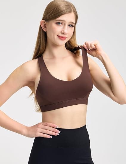 AugIris Sports Bras for Women Criss Cross Back - V Neck Adjustable Wide Straps High Support Removable Pad Gym Crop Tank Tops Coffee