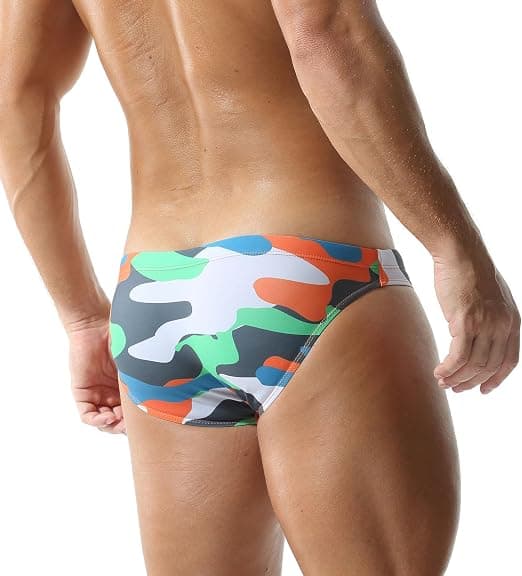 Mens Sexy Bikini Swimwear Camouflage Triangle Swim Trunks for Men 2" Stylish Swim Briefs (2551Orange, XL)