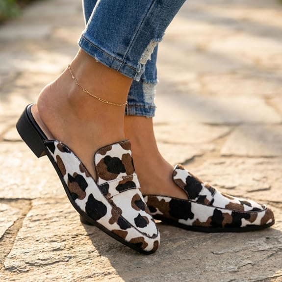 VOLEECE Suede Mules for Women Square Toe Slip On Loafers Flats Low Heel Backless Slide Shoes for Casual Fashion Party Work (Cow Print,8.5)